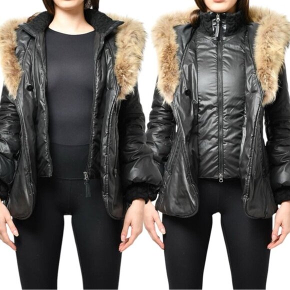 Mackage Peaches Double Zip Fur Hood Parka SM Black Nylon Cableknit Collar - Picture 2 of 16